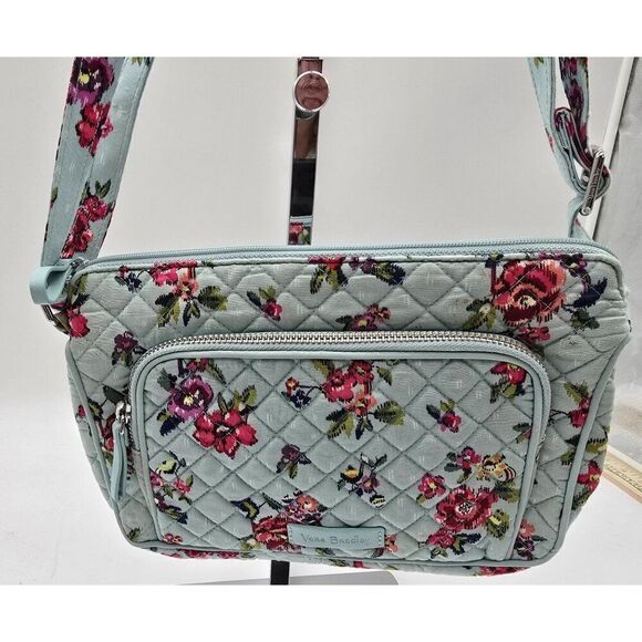 Vera Bradley Quilted Floral Crossbody Bag Adjustable Strap Light Blue With Pink - Picture 1 of 6